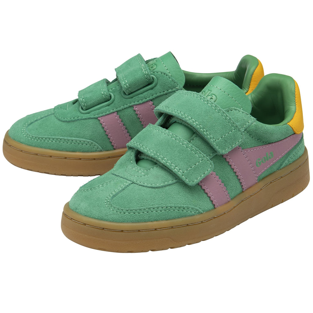 Pair of green Gola Kids Coaster velcro shoes with pink stripes and yellow heel tabs.