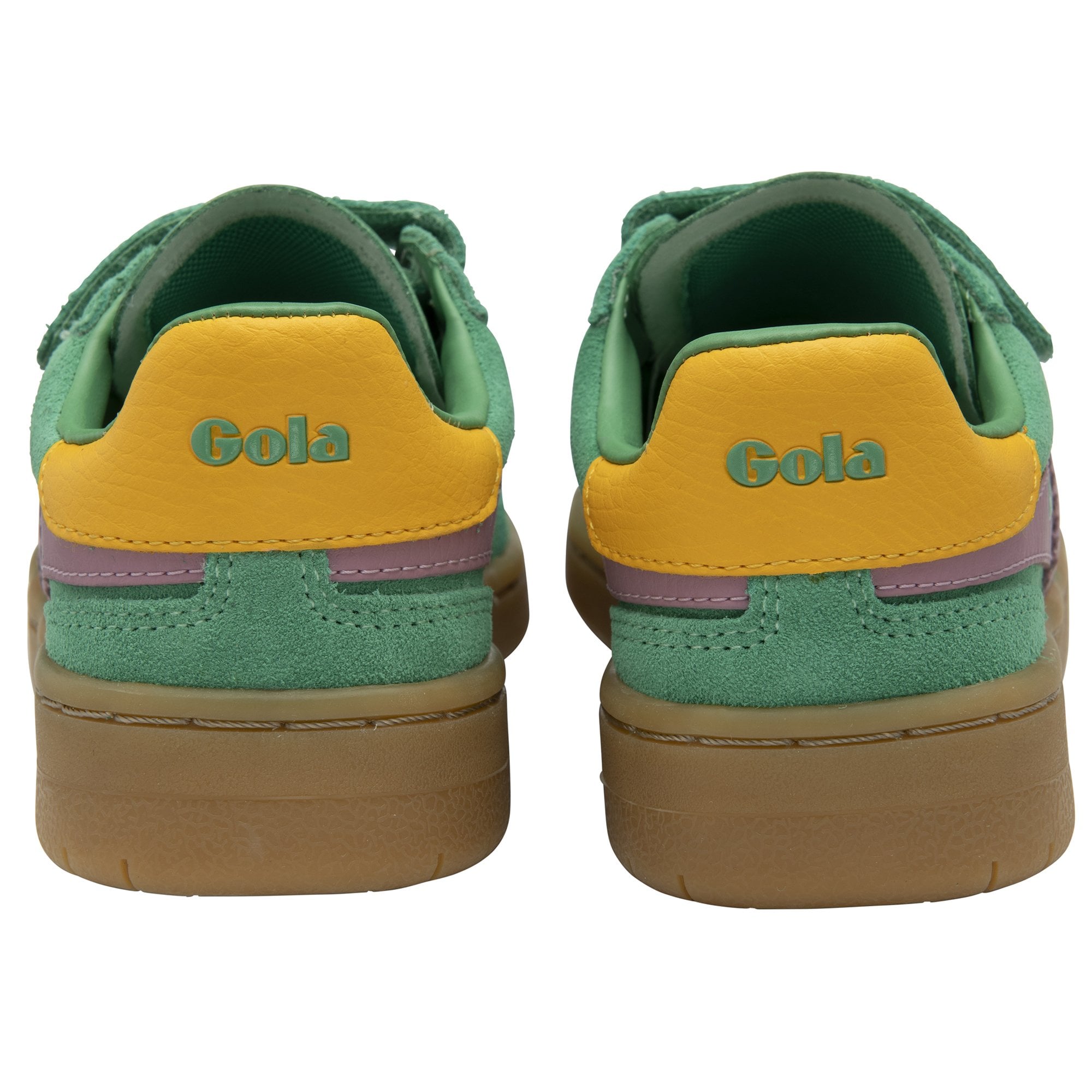 Back view of a pair of green Gola Kids Coaster velcro shoes with yellow Gola branded heel tabs.