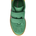 Top down view of a green Gola Kids Coaster velcro shoe with pink stripes and a yellow heel tab.