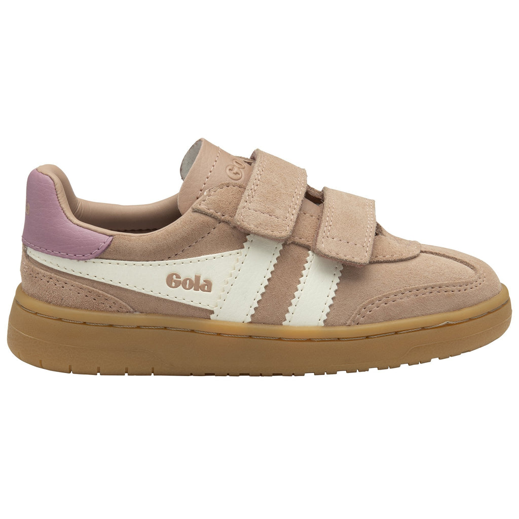 A child's Gola sneaker, light brown with white stripes and purple heel, on a white background.