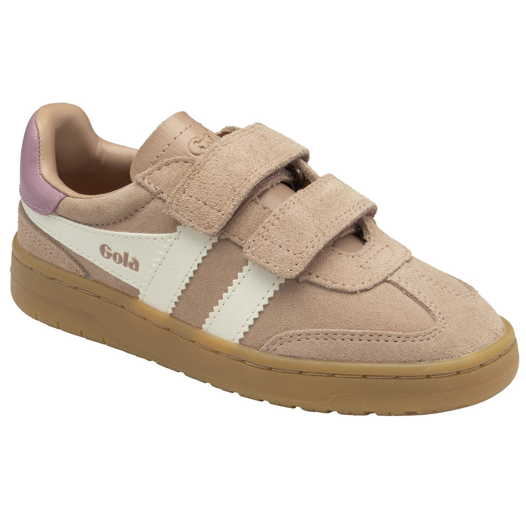 A child's Gola sneaker, light brown with white stripes and purple heel, on a white background.