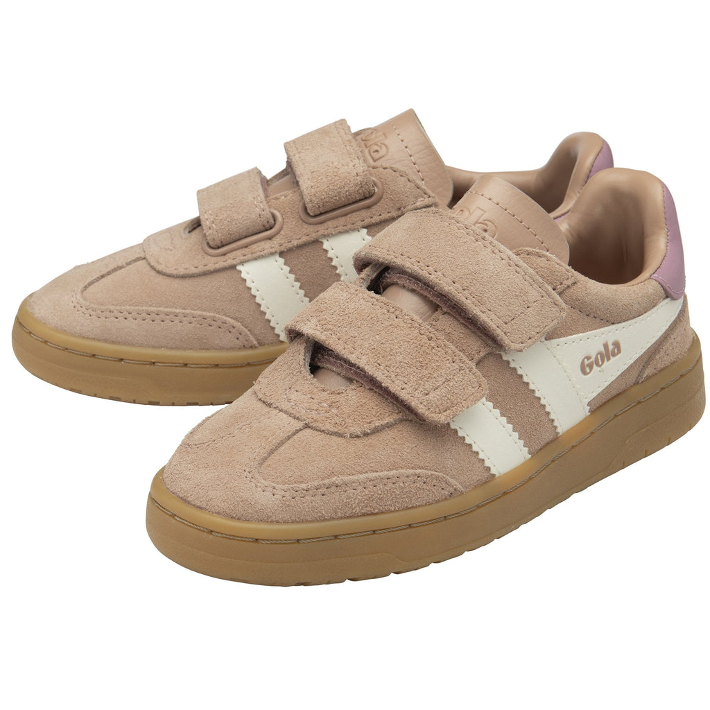 A pair of child's Gola sneakers, light brown with white stripes and purple heels.