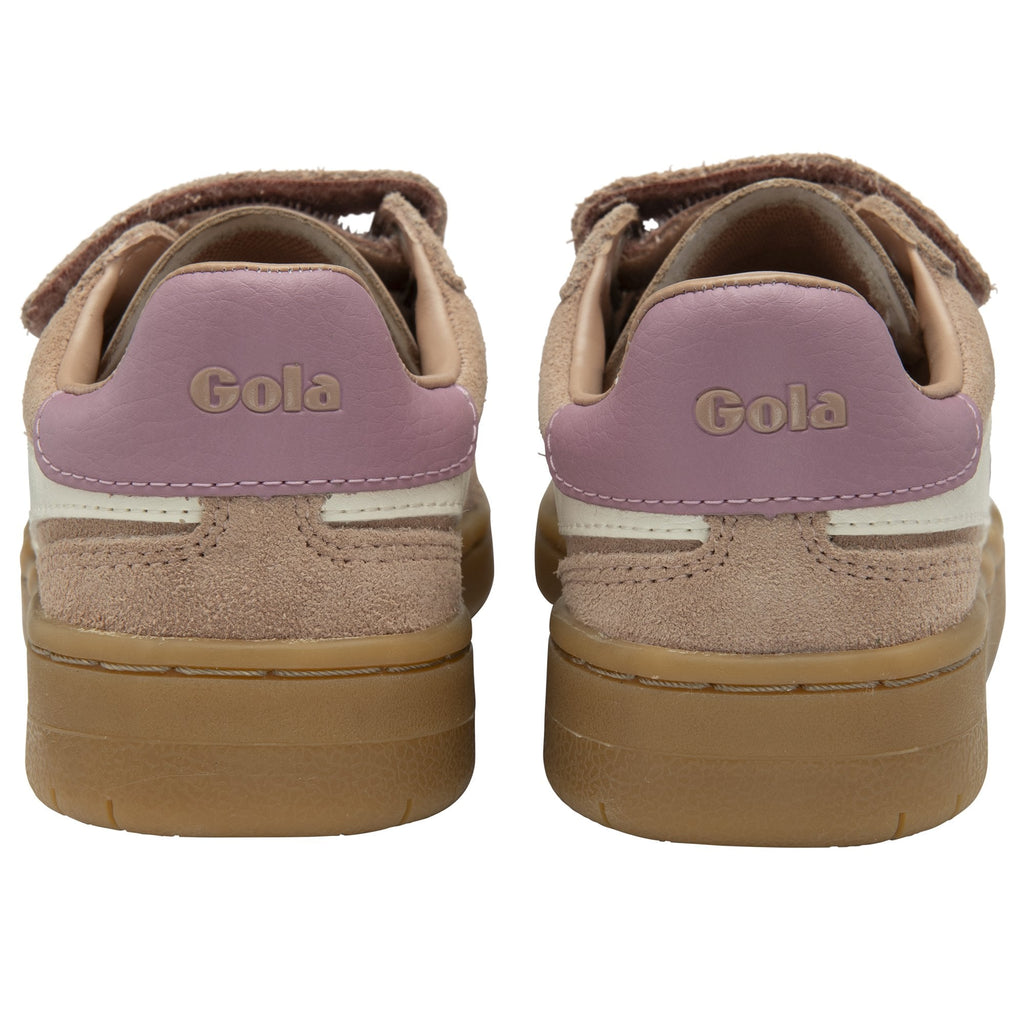 Rear view of a pair of child's Gola sneakers, light brown with purple heels.