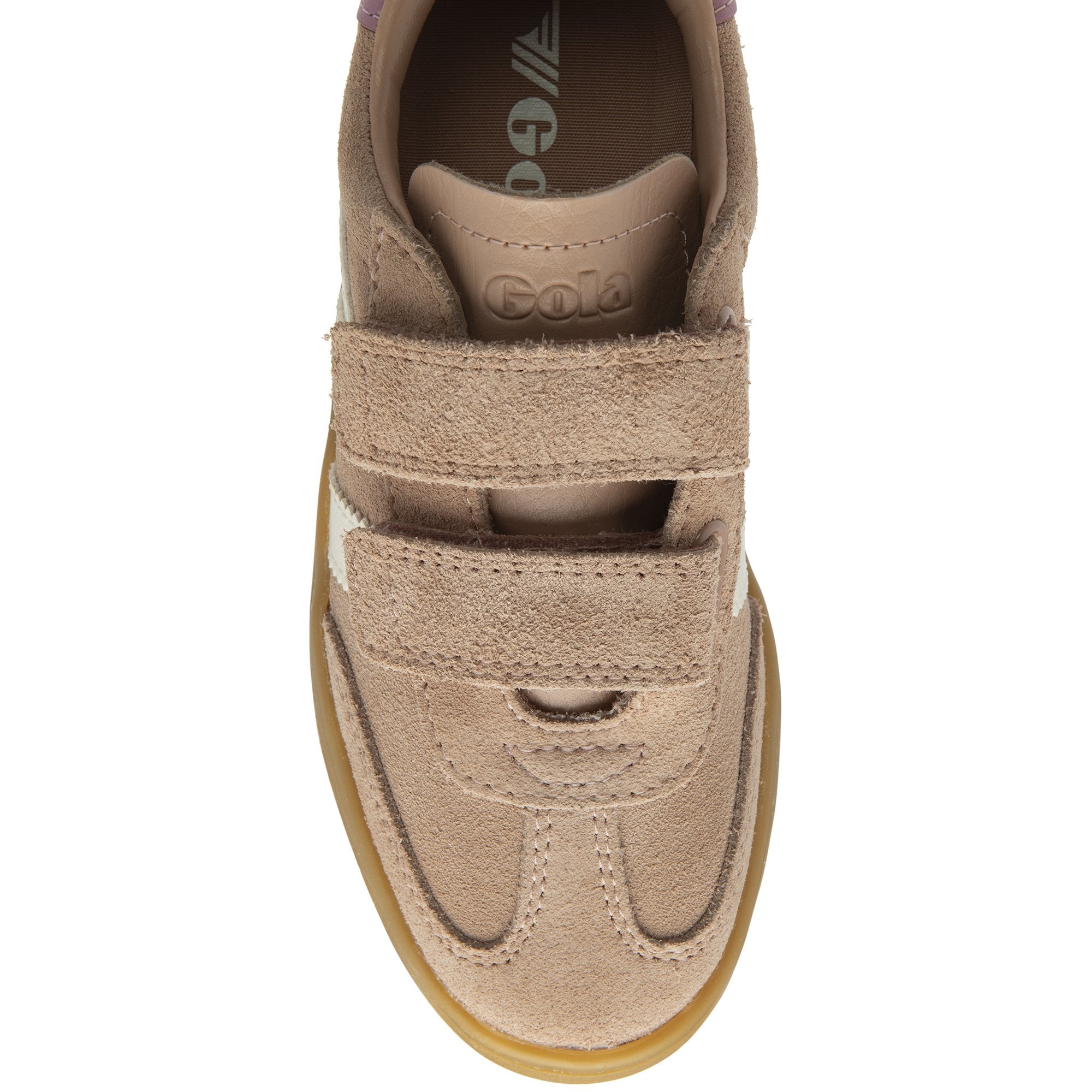 Top-down view of a child's Gola sneaker, light brown with white stripes.