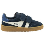 A single Gola Kids Trainer in navy blue suede with white stripes and velcro straps.
