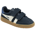 A navy blue Gola Kids Trainer with white stripes and velcro straps on a white background.