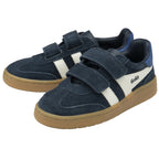 A pair of Gola Kids Trainers in navy blue suede with white stripes and velcro closures.