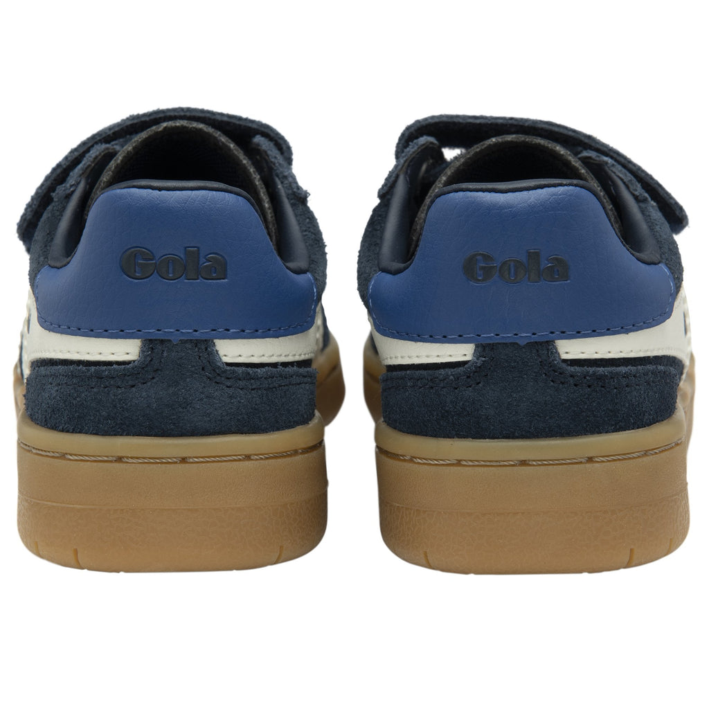 Rear view of two navy blue Gola Kids Trainers, showing the blue heel tabs and brown soles.