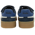 Rear view of two navy blue Gola Kids Trainers, showing the blue heel tabs and brown soles.