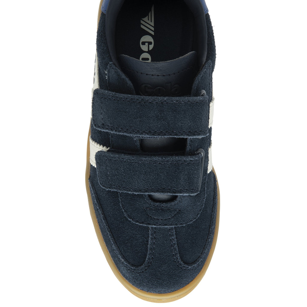 Top-down view of a navy blue Gola Kids Trainer, highlighting the velcro straps and suede.
