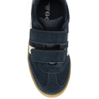 Top-down view of a navy blue Gola Kids Trainer, highlighting the velcro straps and suede.