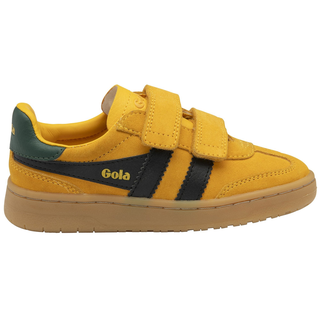 A single yellow Gola kids' sneaker with green accents and black stripes, viewed from the side.