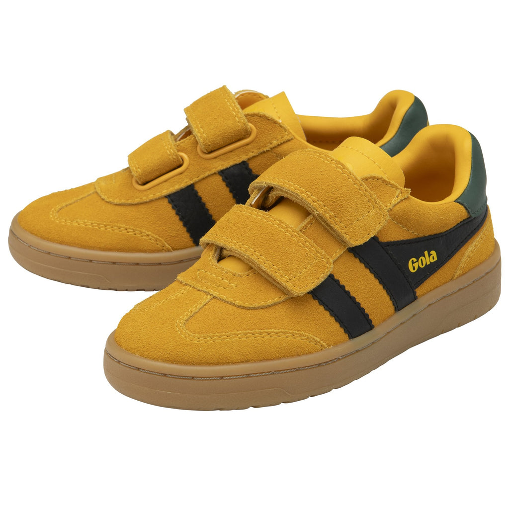 A pair of yellow Gola kids' sneakers with green accents and black stripes, viewed at an angle.