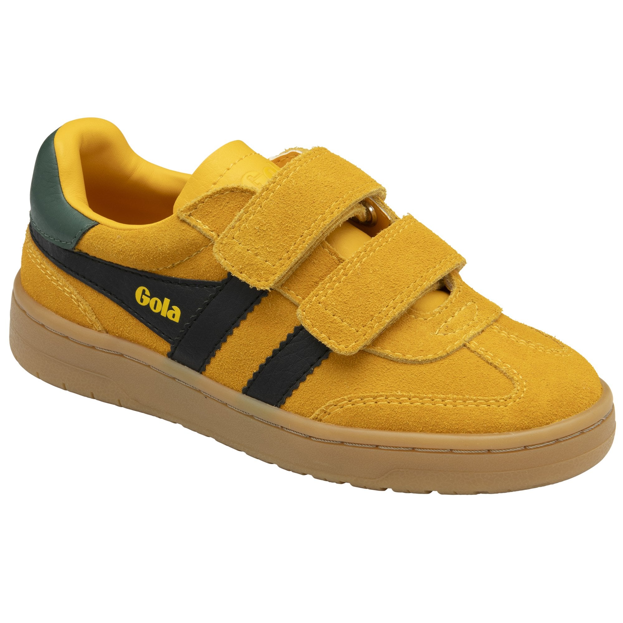 A single yellow Gola kids' sneaker with green accents and black stripes, viewed from the side.