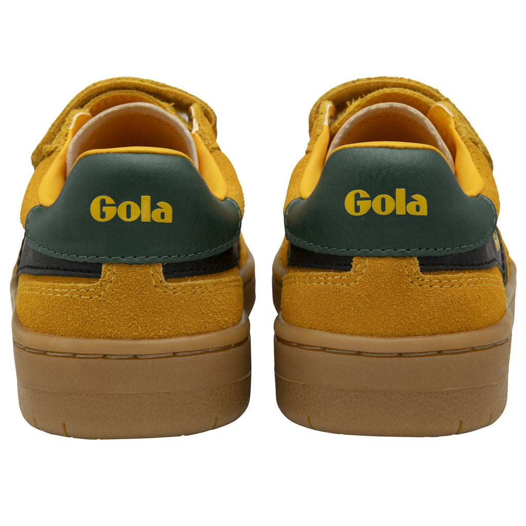The back view of a pair of yellow Gola kids' sneakers with green heel accents.