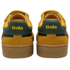 The back view of a pair of yellow Gola kids' sneakers with green heel accents.