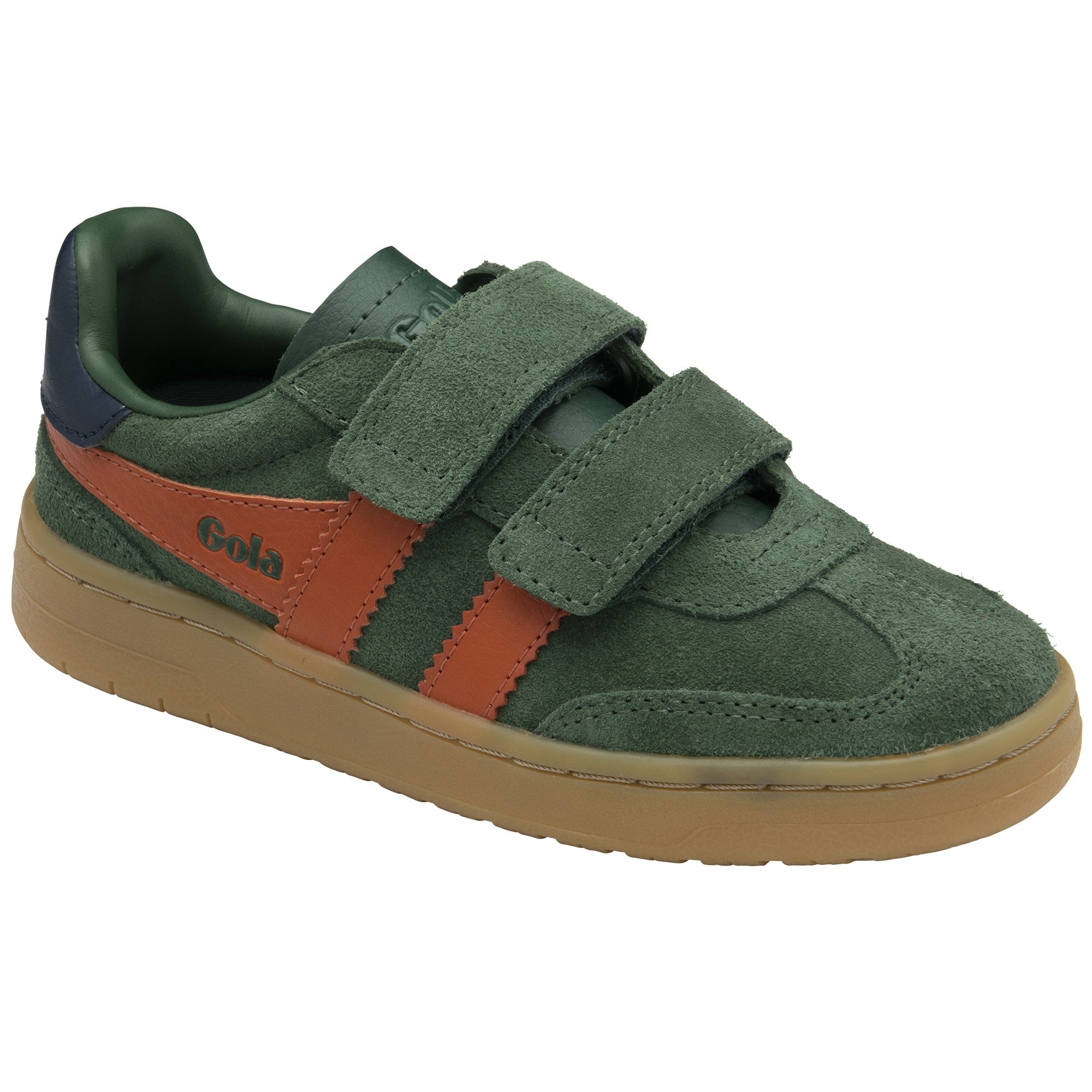 A single green Gola trainer with orange stripes and velcro straps, angled slightly.