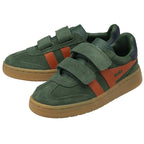 Two green Gola trainers with orange stripes and velcro straps, angled together.