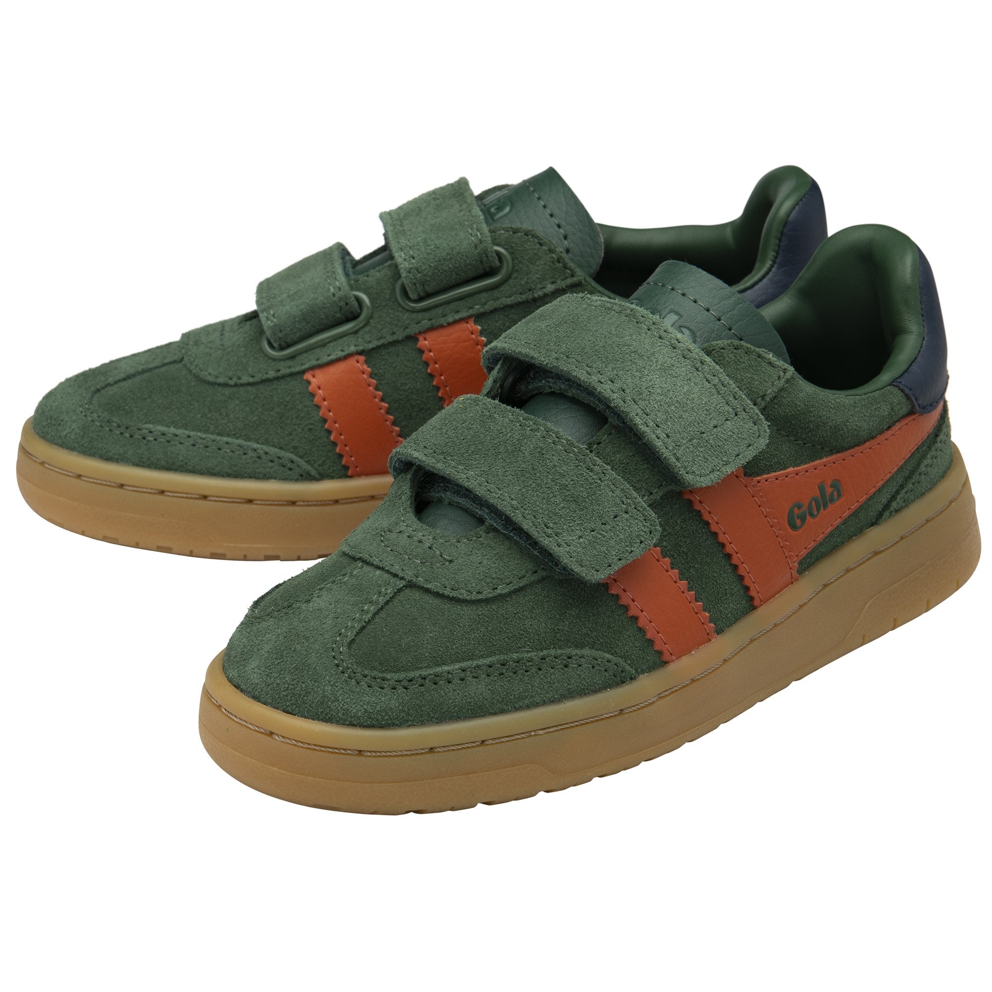 Two green Gola trainers with orange stripes and velcro straps, angled together.