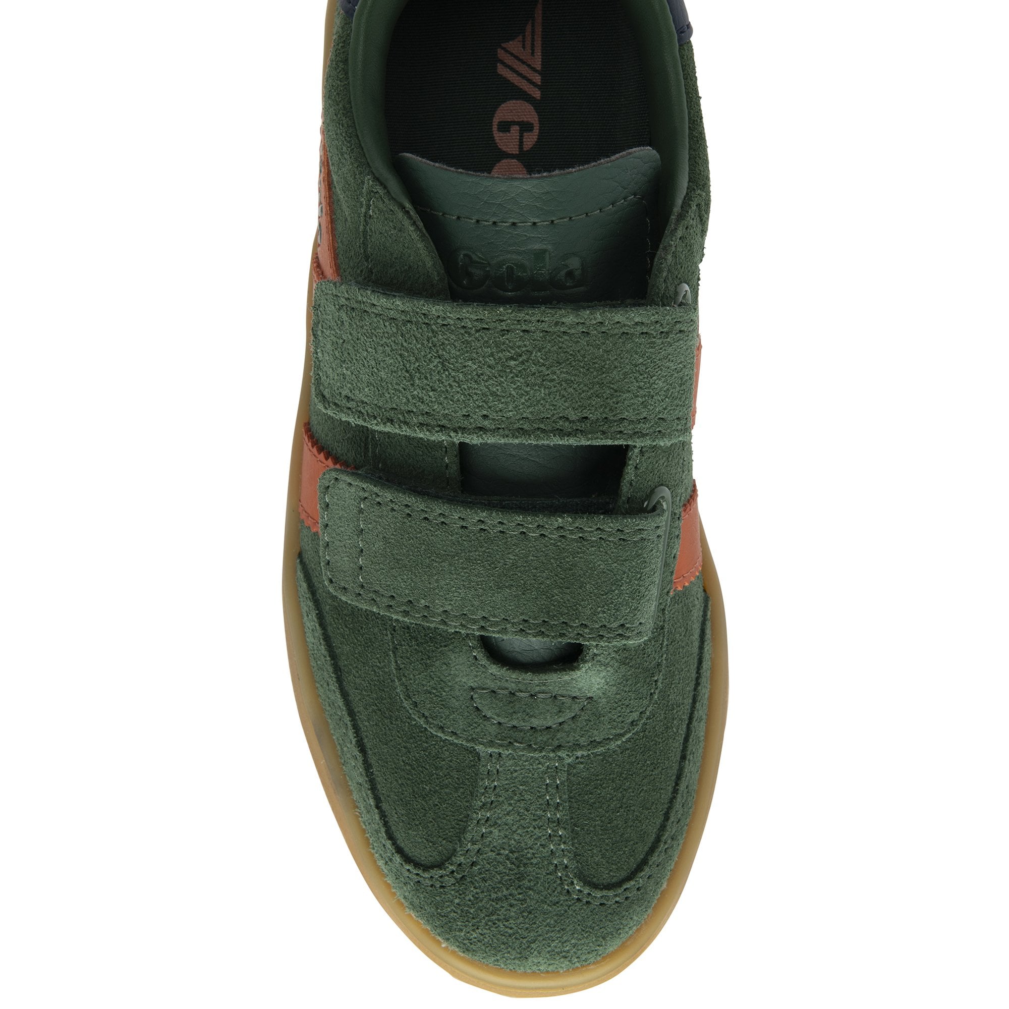 A top-down view of the toe box and velcro straps of a green Gola trainer.