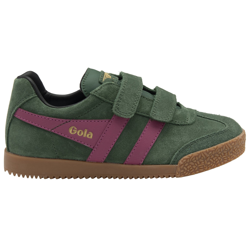 A single green Gola sneaker with fuchsia stripes and Velcro straps, viewed from the side.