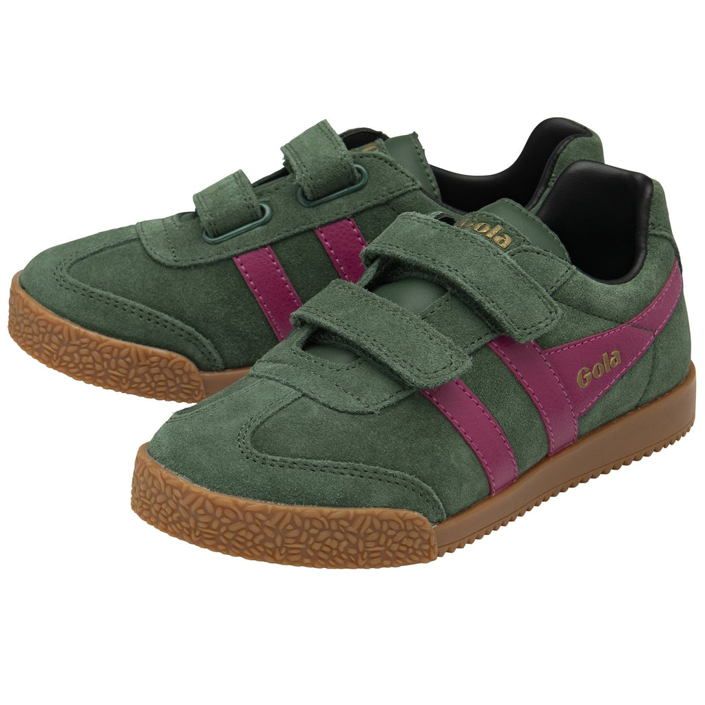 A pair of green Gola sneakers with fuchsia stripes and Velcro straps, viewed from an angle.