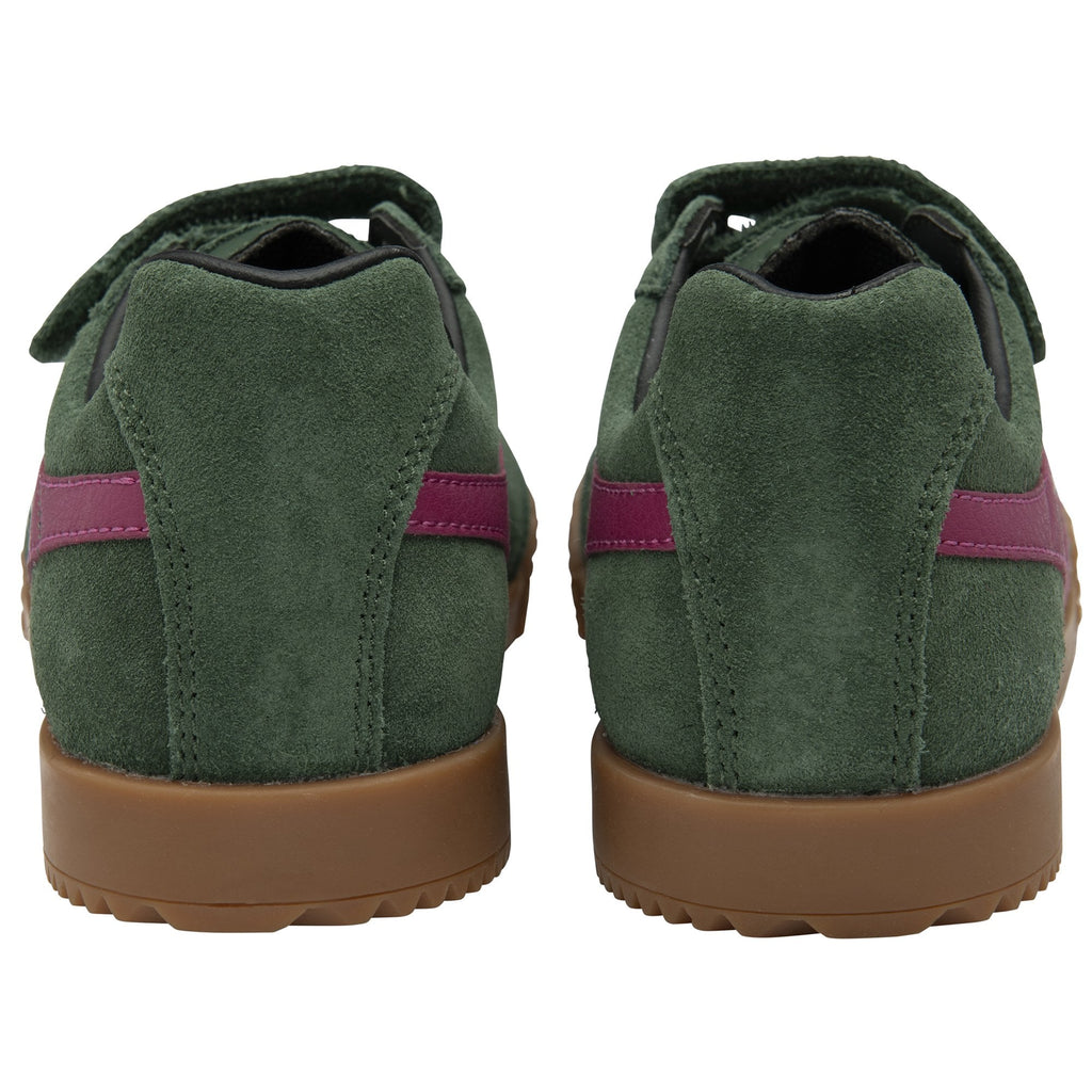 The back view of a pair of green Gola sneakers with fuchsia stripes.
