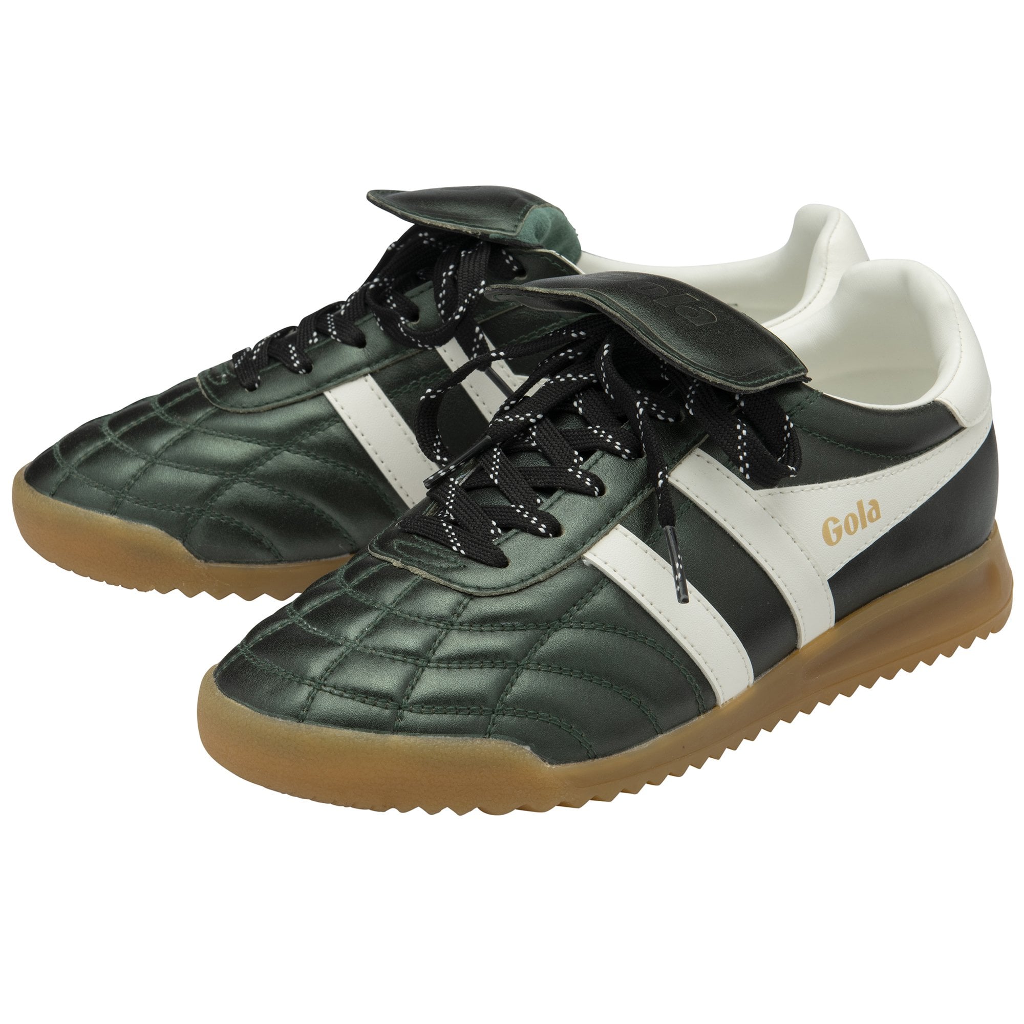 Pair of black and white Gola men's sneakers with gum soles. 