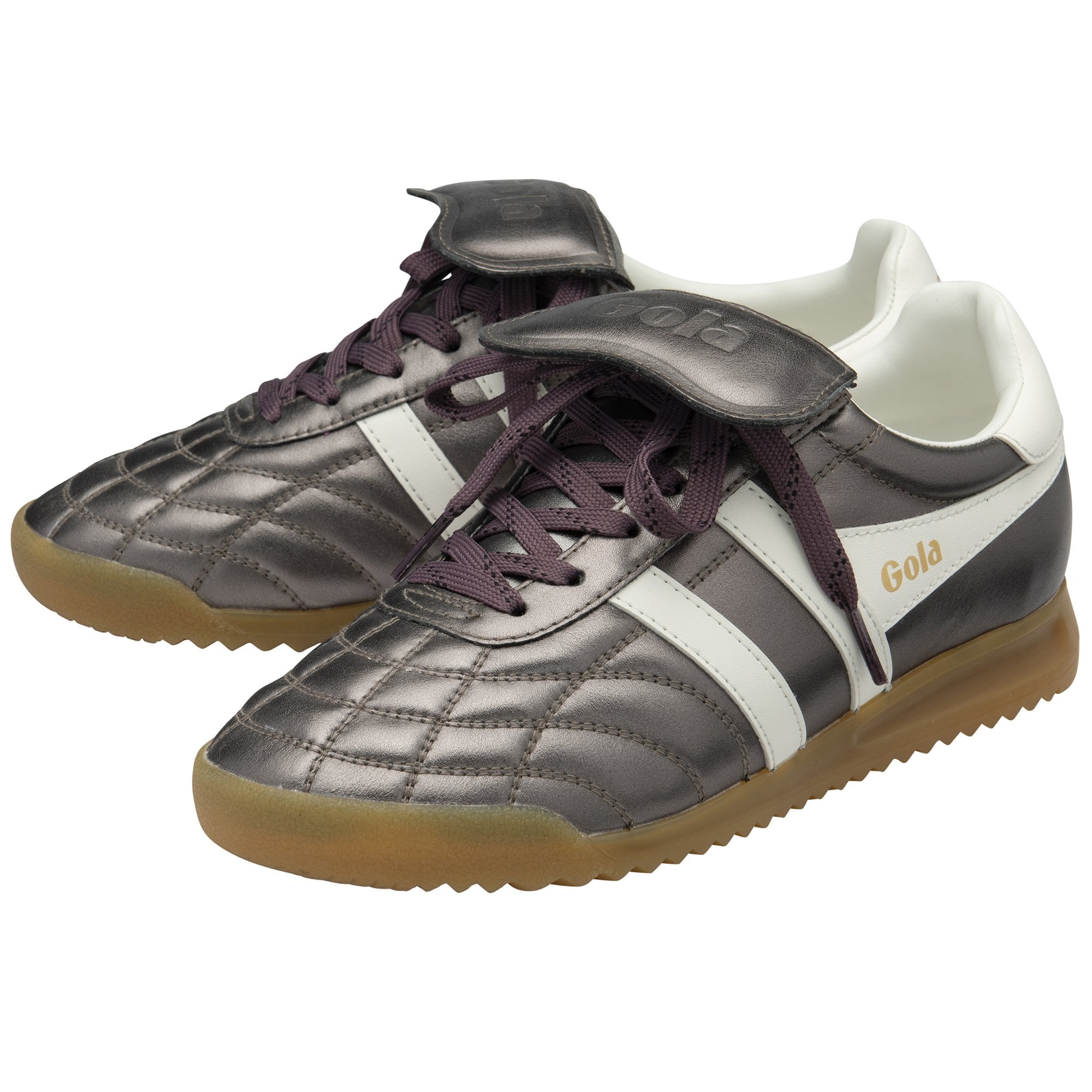 Pair of metallic grey Gola trainers with white stripes and brown soles.