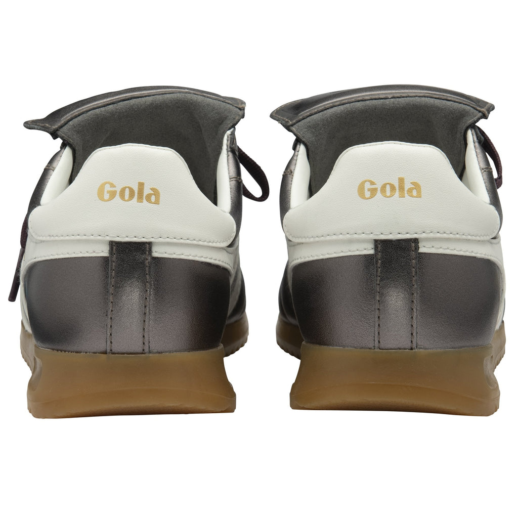 Back view of a pair of metallic grey Gola trainers with white heel and brown sole.