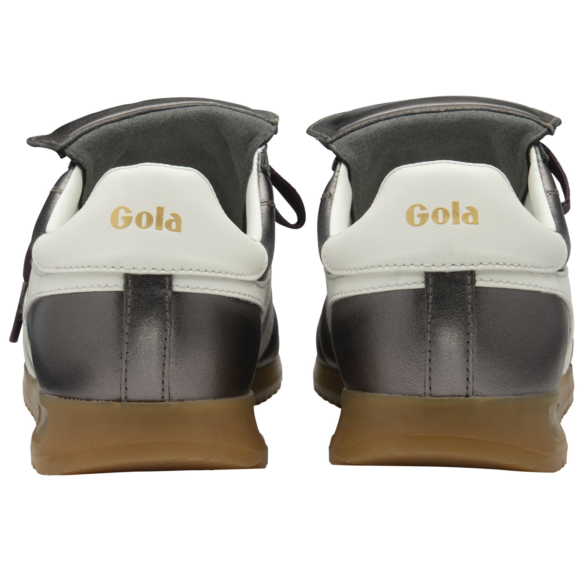 Back view of a pair of metallic grey Gola trainers with white heel and brown sole.