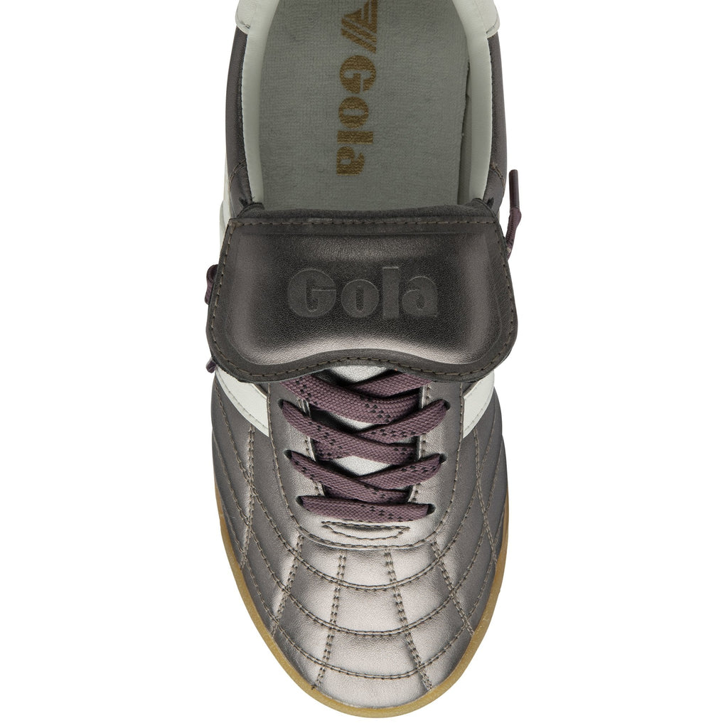 Top down view of a metallic grey Gola trainer with white stripes and brown sole.