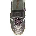 Top down view of a metallic grey Gola trainer with white stripes and brown sole.
