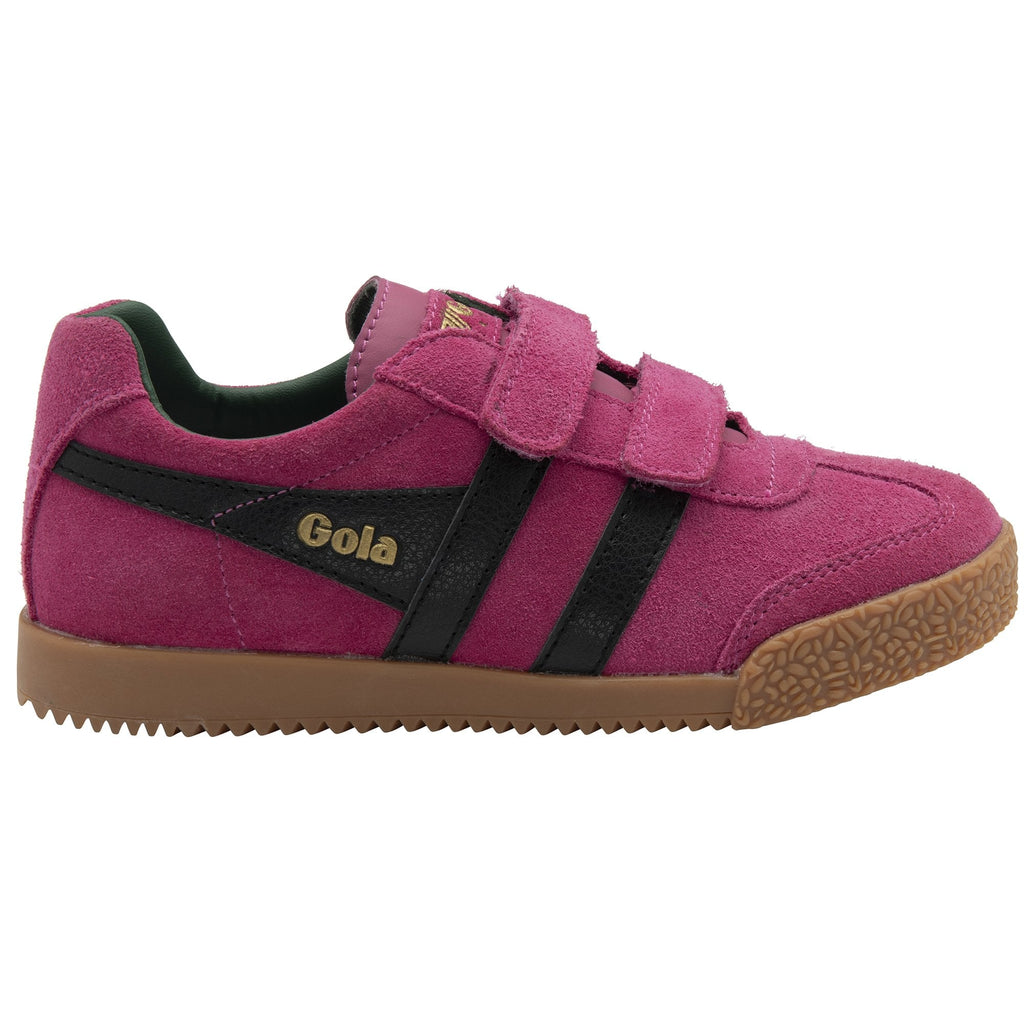A child's Gola Coaster shoe in fuchsia suede with black stripes and velcro straps, side view.