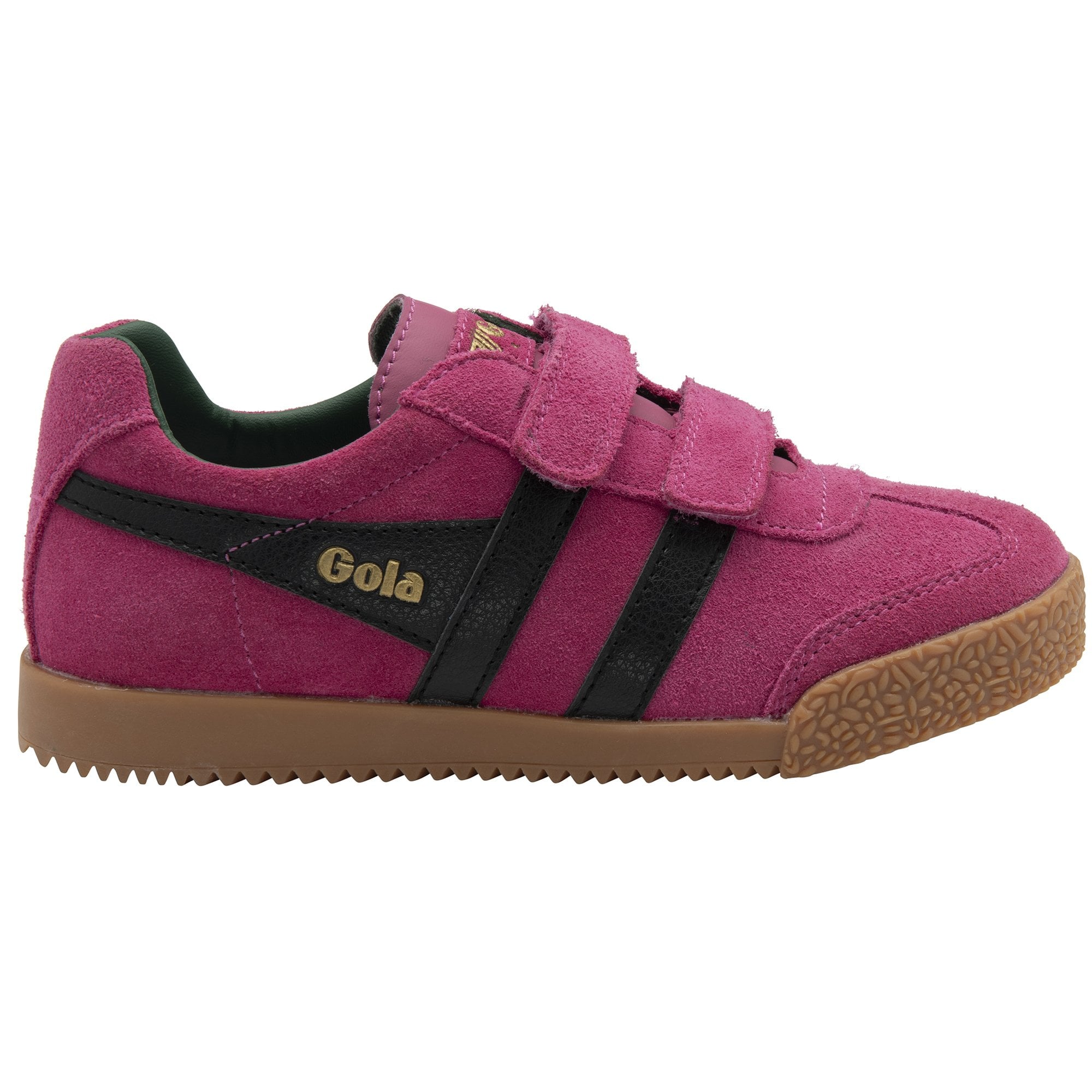 A child's Gola Coaster shoe in fuchsia suede with black stripes and velcro straps, side view.