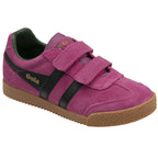 A child's fuchsia Gola Coaster shoe with black stripes and velcro straps, angled view.
