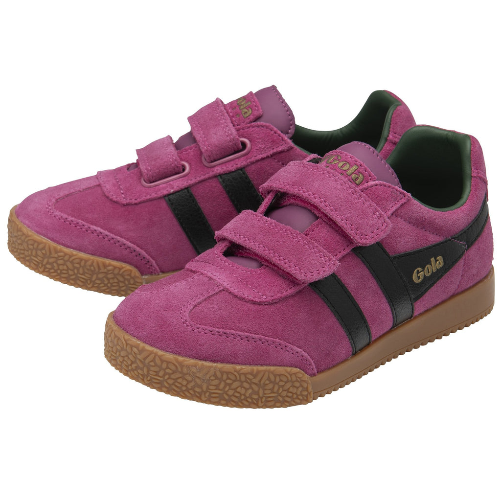A pair of fuchsia Gola Coaster shoes with black stripes and velcro straps, side view.