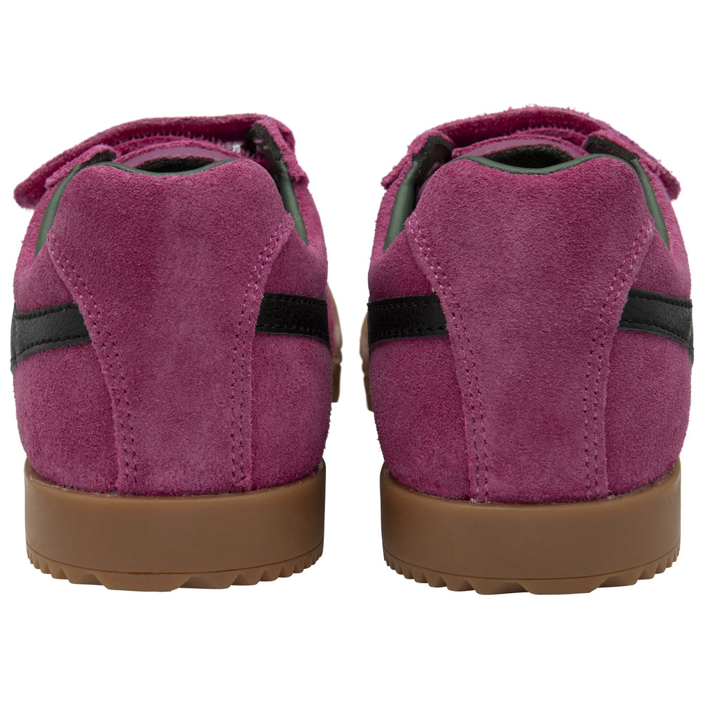 Rear view of a pair of fuchsia Gola Coaster shoes with black stripes and brown soles.