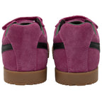 Rear view of a pair of fuchsia Gola Coaster shoes with black stripes and brown soles.