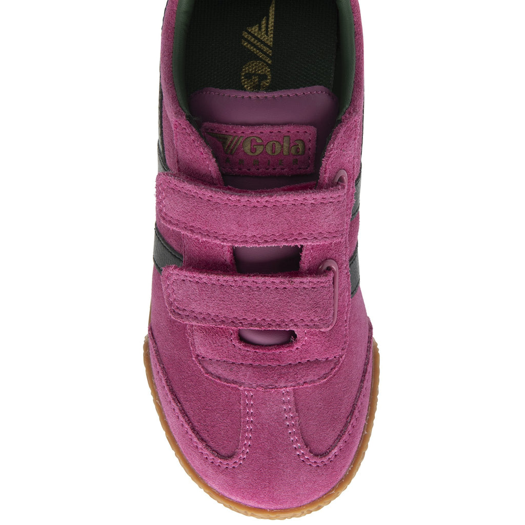 Top down view of a fuchsia Gola Coaster shoe with black stripes and velcro straps.