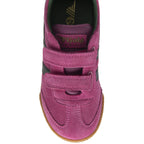 Top down view of a fuchsia Gola Coaster shoe with black stripes and velcro straps.