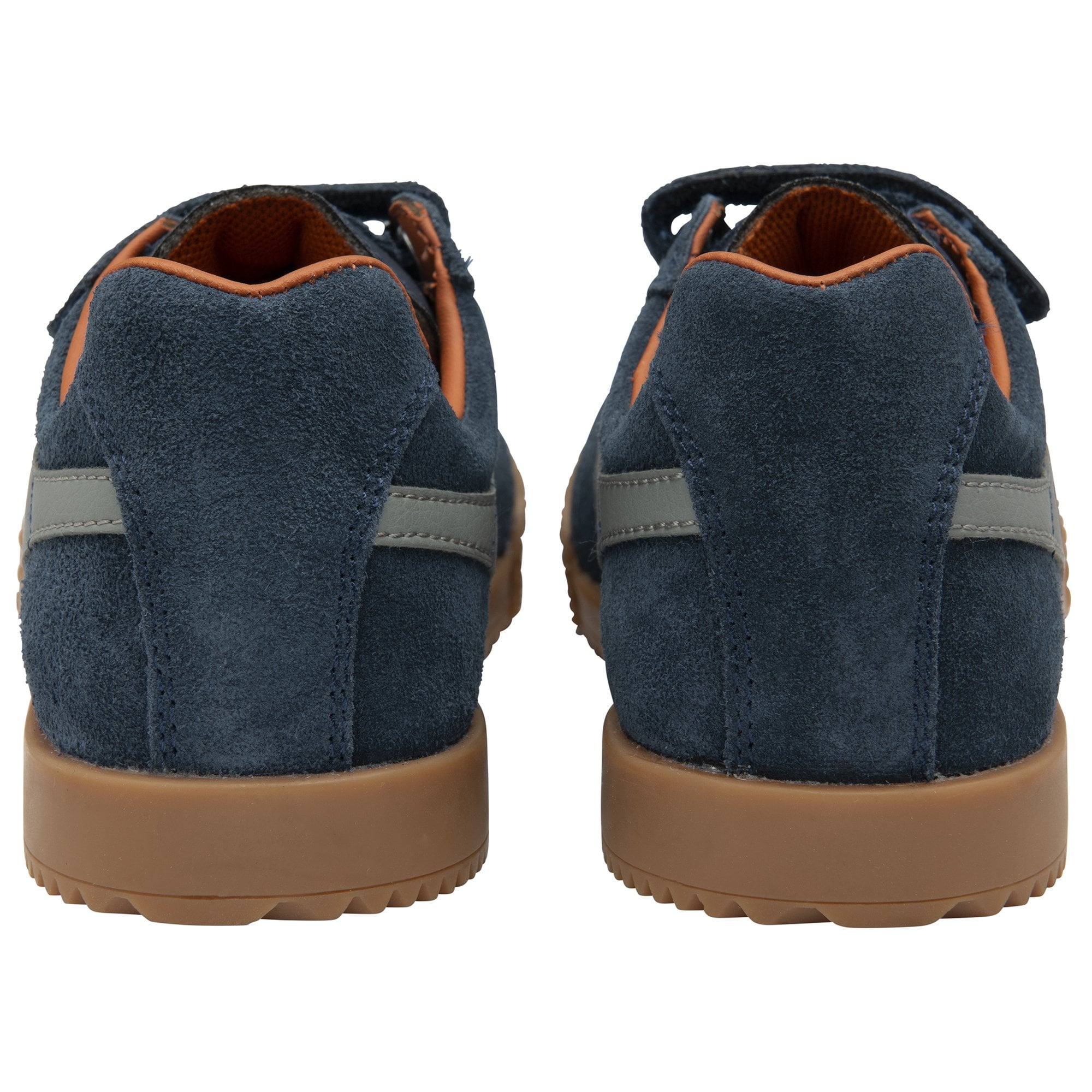 Rear view of two navy blue shoes with brown soles and orange inner lining.