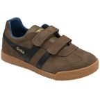 Brown Gola kids' Velcro trainers with black stripes and a gum sole, angled view.