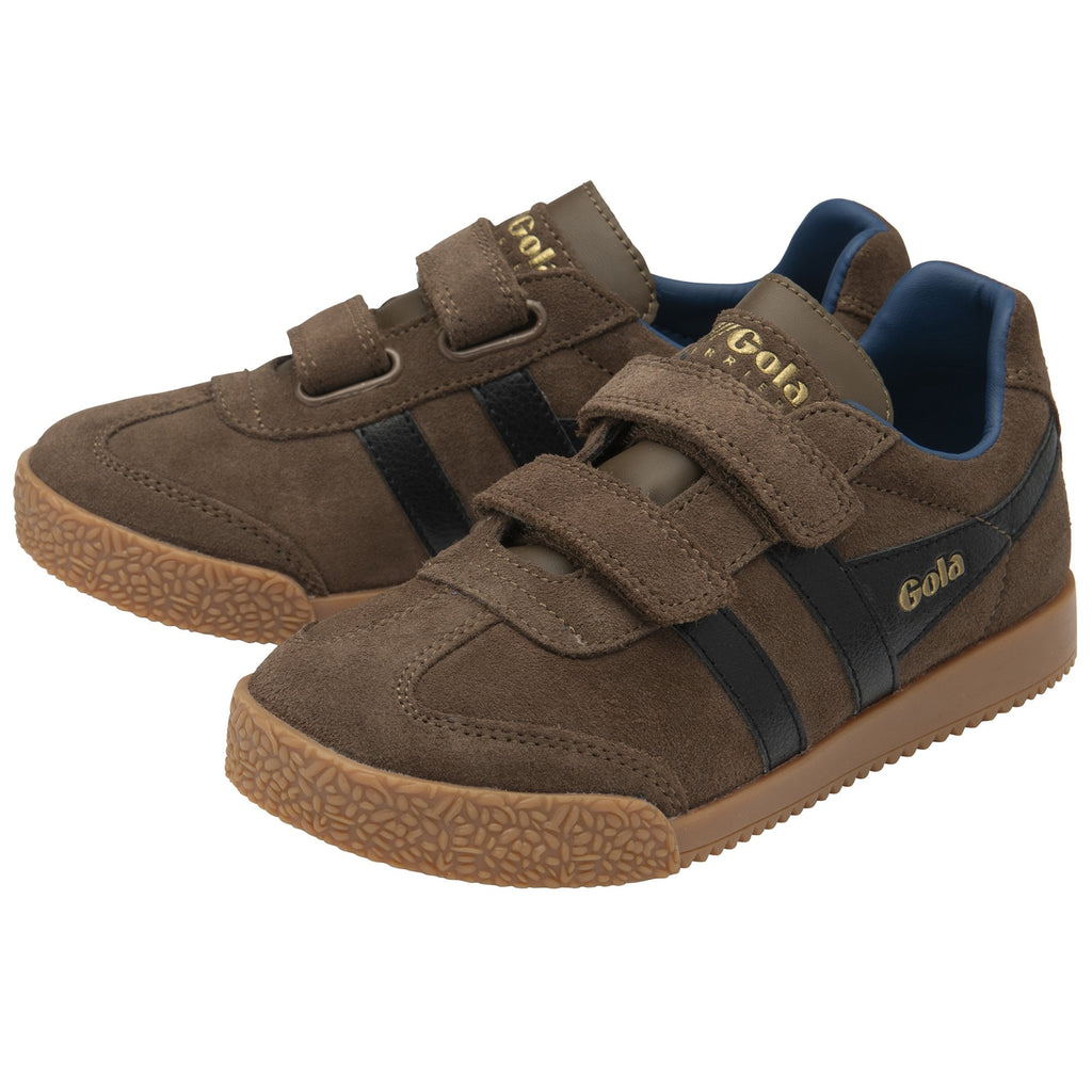 Pair of brown Gola kids' Velcro trainers with black stripes and gum soles.