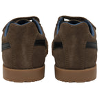 Back view of brown Gola kids' Velcro trainers with black stripes.