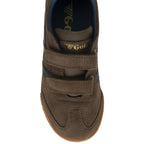 Top down view of a brown Gola kids' Velcro trainer with black stripes.