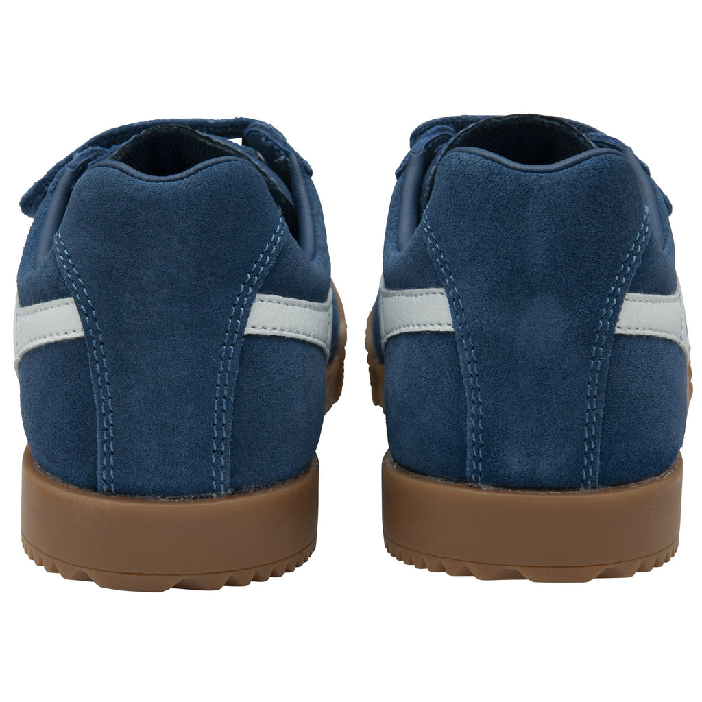 Rear view of a pair of Gola Kids Coaster velcro navy shoes.