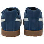 Rear view of a pair of Gola Kids Coaster velcro navy shoes.