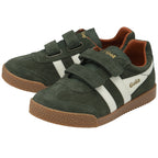 A close up view of a pair of green and white kids Gola sneakers.