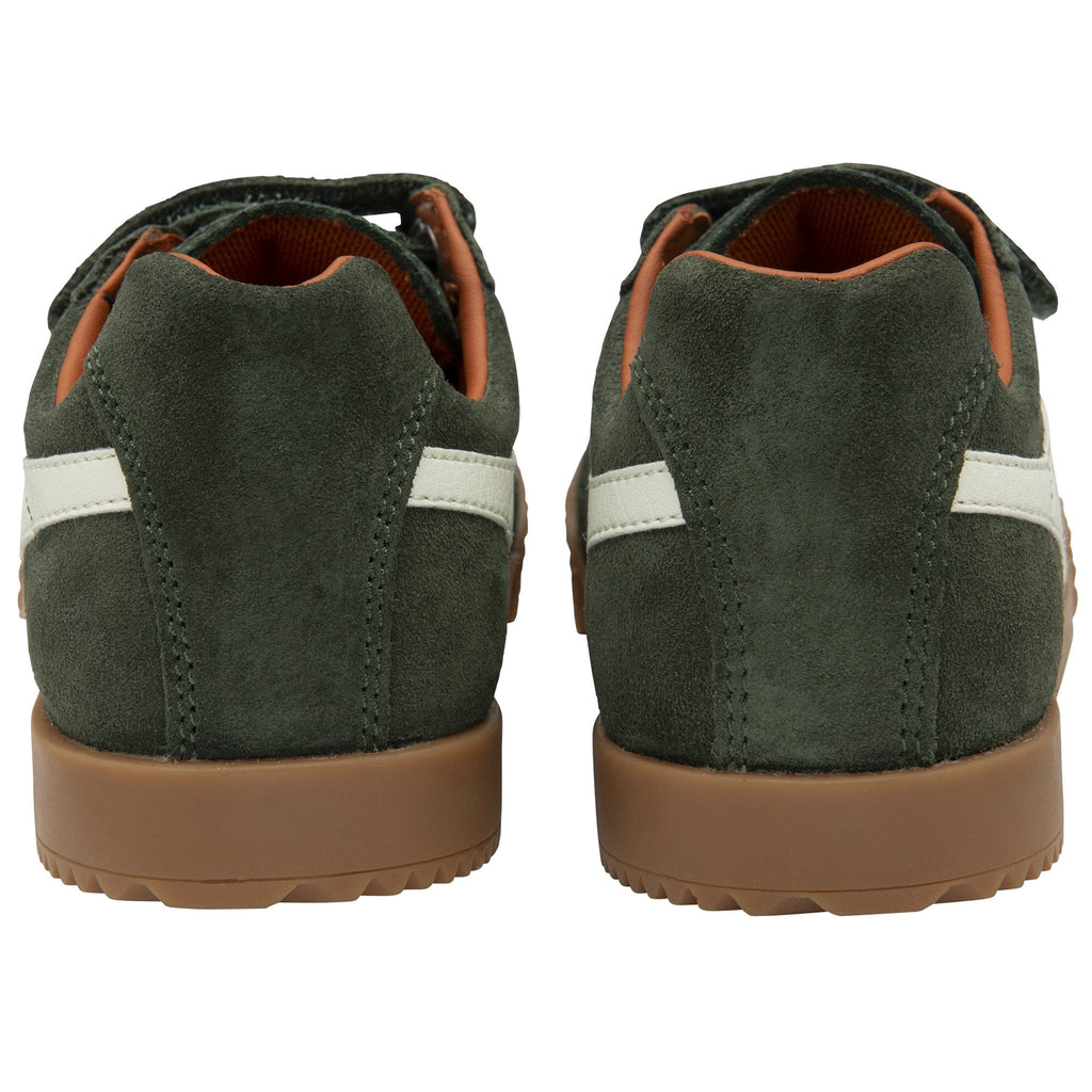 A close up view of a pair of green and white kids Gola sneakers from the back.